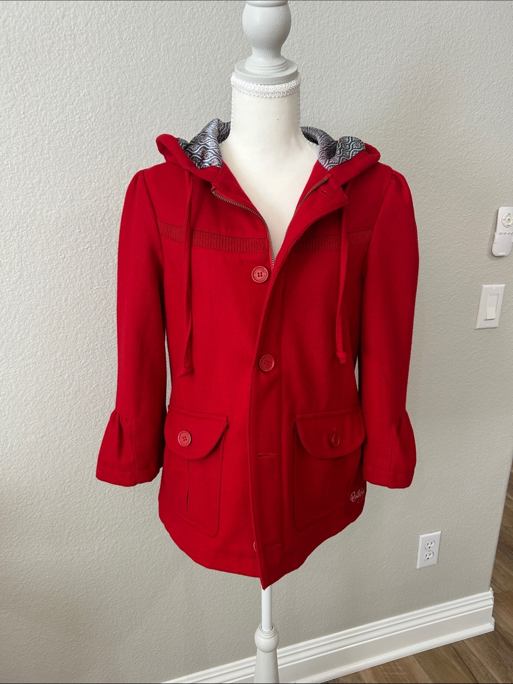 Billabong Brilliant Red Hooded Pea Coat, EUC and dry cleaned, medium